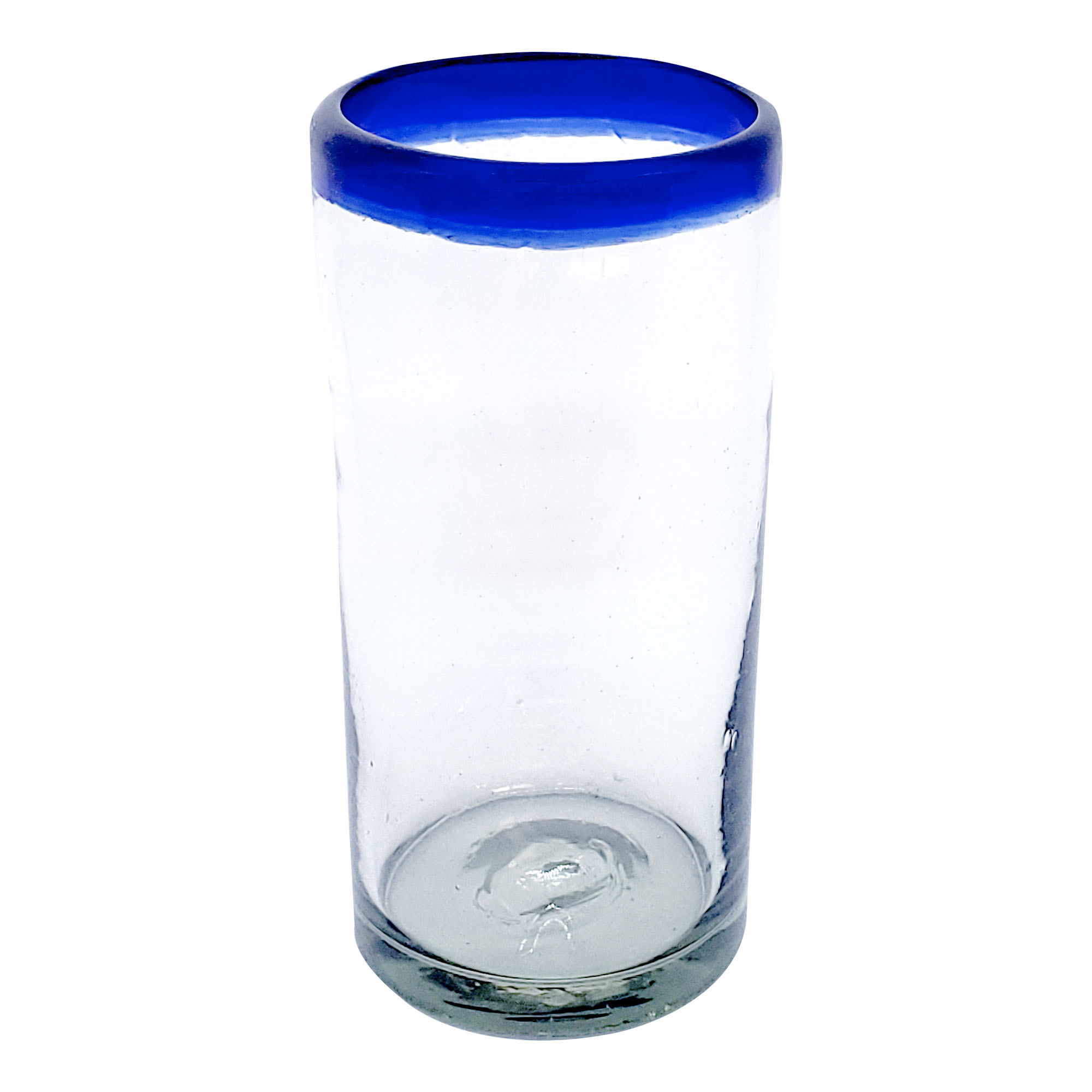 VIDRIO SOPLADO / vasos Jumbo con borde azul cobalto, 20 oz, Vidrio Reciclado, Libre de Plomo y Toxinas